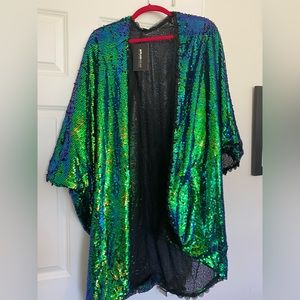 Plus Size Green Peacock Sequins & Lace Kimono/Cardigan